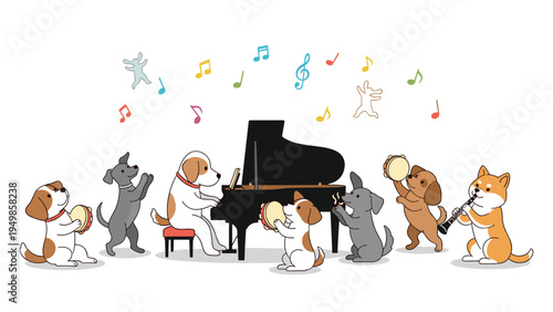 Collection of different dog breeds playing various musical instruments in a band ensemble around a grand piano.