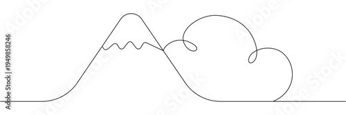 Continuous one line drawing of a mountain peak with snow cap and a fluffy cloud. Editable stroke outline. Draw thin linear width. Single contour art. Doodle hand drawn vector illustration