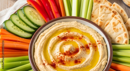 A vibrant platter of fresh vegetables and pita bread surrounds a bowl of creamy hummus topped with olive oil and spices on a table.