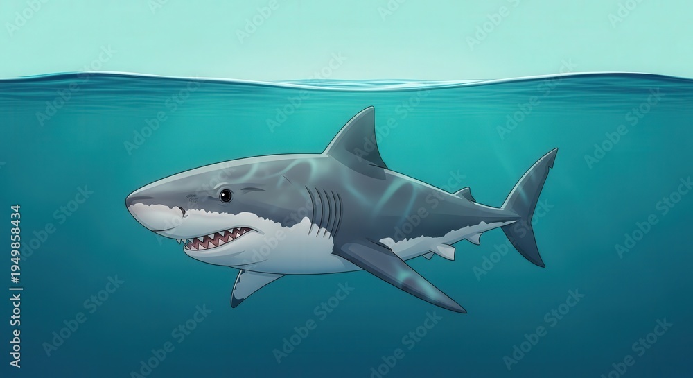Fototapeta premium Realistic Illustration of a Great White Shark Swimming in Ocean Waters