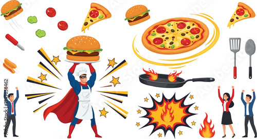 Superhero Chef Character Cooking Pizza and Burger with Kitchen Tools Flames and Food Elements Cartoon Vector Illustration Set
