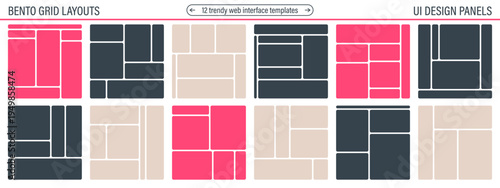 Bento grid abstract compositions with rounded tiles and bold geometric blocks. Modular layout system for web interfaces, dashboards and modern posters.