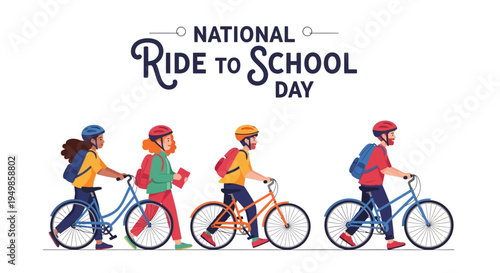 Illustration of kids riding bicycles to school on National Ride to School Day with colorful design elements.