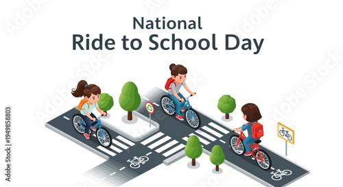 Isometric illustration of kids riding bicycles to school on a cross street with trees and a sign, promoting National Ride to School Day in a colorful and educational setting.