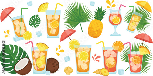 Tropical Summer Drinks Vector Illustration Set Featuring Pineapple, Coconut, Citrus Cocktails, Palm Leaves and Refreshing Iced Beverages