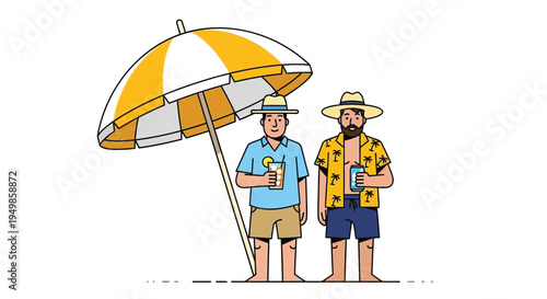 Vector illustration of 2 men under beach umbrella