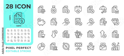 Taxes pixel perfect line icons set. Documentation management, expenses control. Banking loan. Interest rates. Isolated vector outline illustrations. Thin lineart iconset symbols. Editable stroke