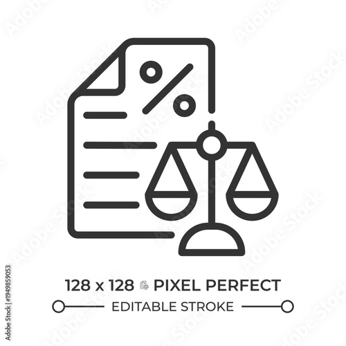 Tax law pixel perfect line icon. Legal documents, justice scales. Industry regulations, financial legality. Isolated vector illustration. Outline symbol. Simple linear drawing. Editable stroke
