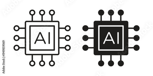 AI processor chip icon element for graphic designs. line and flat symbols