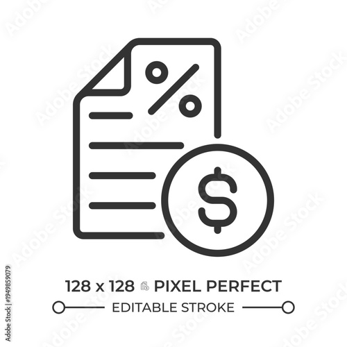 Tax pixel perfect line icon. Income statement, financial invoice. Payment document, debt information. Isolated vector illustration. Outline symbol. Simple linear drawing. Editable stroke