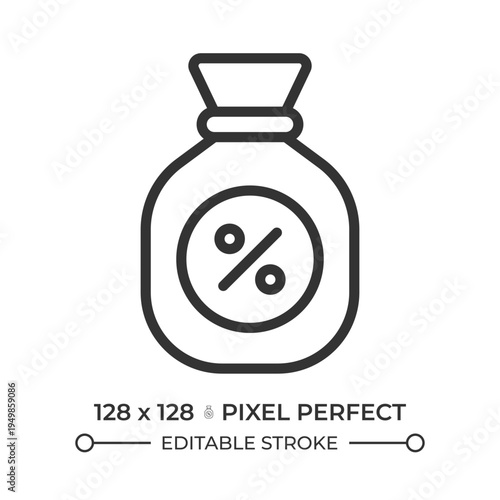 Tax credit pixel perfect line icon. Money bag, percentage sign. Trading discount, loan interest. Financial benefit. Isolated vector illustration. Outline symbol. Simple linear drawing. Editable stroke