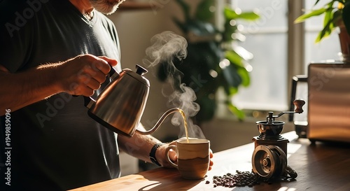 Man pouring hot water from a gooseneck kettle to brew coffee in a sunlit kitchen.