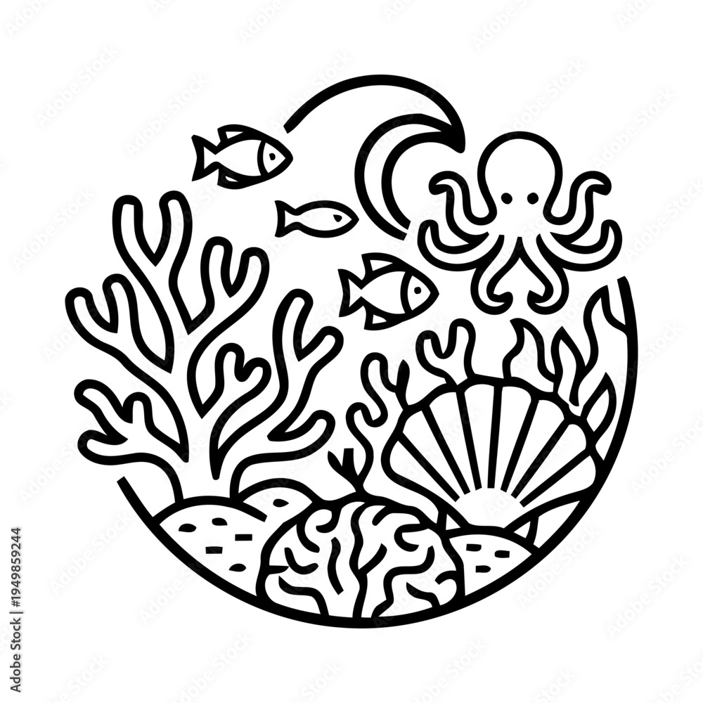 Obraz premium Coral reef outline icon with fish octopus coral marine biodiversity ocean ecosystem