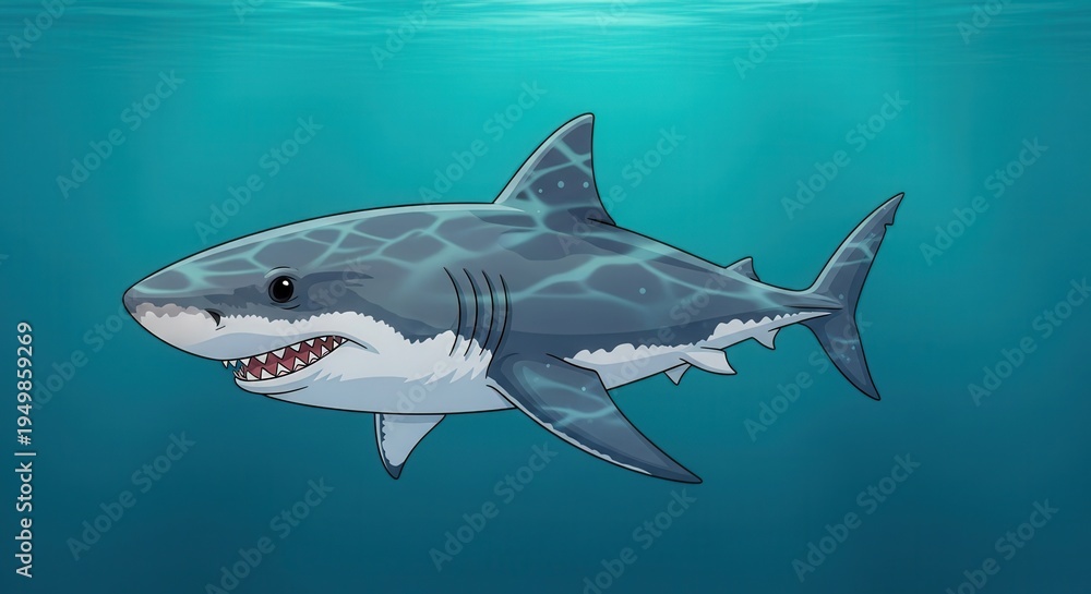 Obraz premium Realistic Illustration of a Great White Shark Swimming in the Ocean