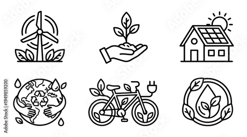 Sustainable technology outline icons with wind turbine eco house green transport energy