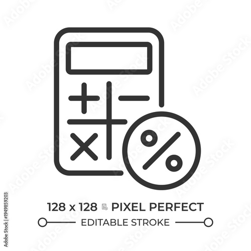 Percentage calculation pixel perfect line icon. Mathematical symbols, income tax. Financial accounting. Isolated vector illustration. Outline symbol. Simple linear drawing. Editable stroke