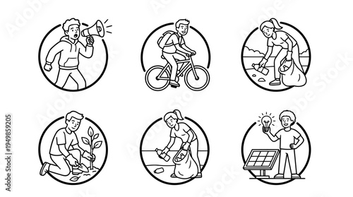 People eco activities outline icons with recycling planting cycling solar sustainability
