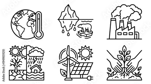 Climate crisis outline icons with glacier melting temperature pollution and warming
