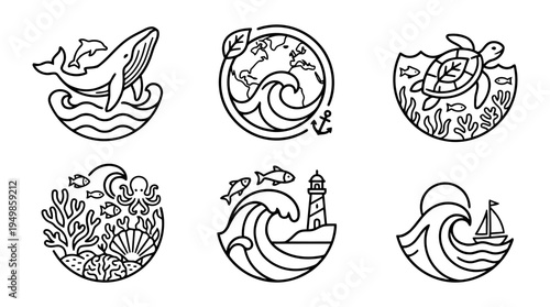 Ocean conservation outline icons with marine animals waves coral and sea protection