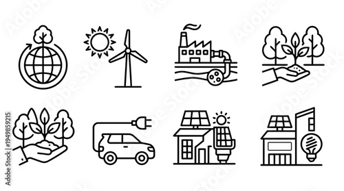 Eco sustainability outline icons with renewable energy trees electric car recycling