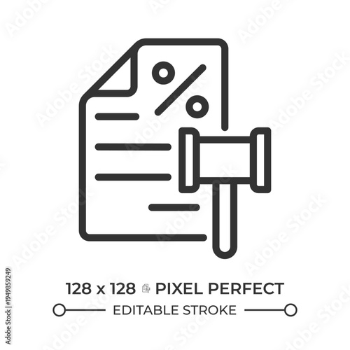 Tax penalty pixel perfect line icon. Legal document, court statement. Financial legislation, law compliance. Isolated vector illustration. Outline symbol. Simple linear drawing. Editable stroke