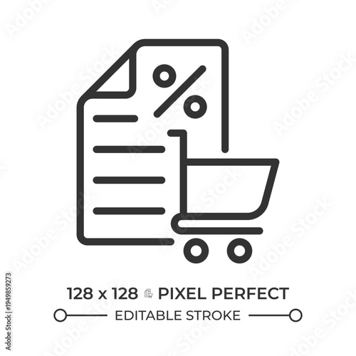 Sales tax pixel perfect line icon. Order form, purchase receipt. Discount coupon, digital commerce. Isolated vector illustration. Outline symbol. Simple linear drawing. Editable stroke