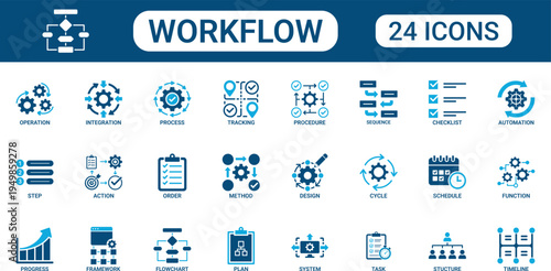 Workflow Icon Set with Process, Task Management, Step Sequence, Automation, System Integration, Cycle, Checklist and Business Procedure Symbols in Flat Style for Project Planning and Operations