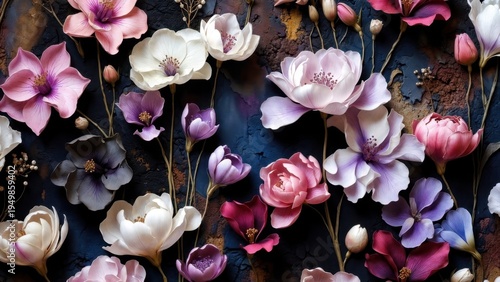 Colorful floral arrangement on textured dark background with pink, white, purple blooms.