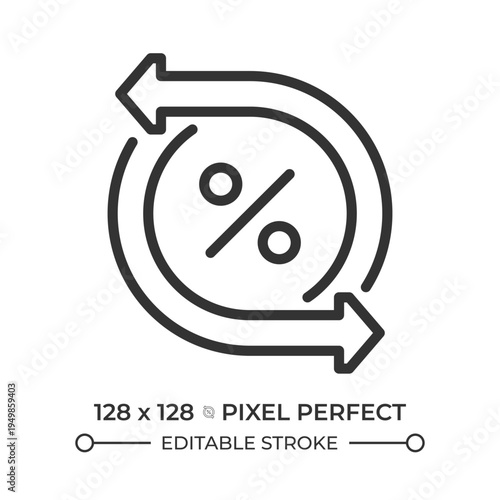Tax refund pixel perfect line icon. Financial processes, value change. Percentage sign. Mortgage refinancing. Isolated vector illustration. Outline symbol. Simple linear drawing. Editable stroke