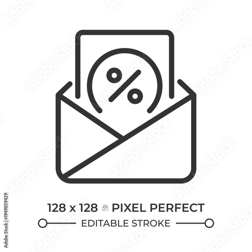 Tax letter pixel perfect line icon. Promotional email, discount envelope. Special offer, sales message. Isolated vector illustration. Outline symbol. Simple linear drawing. Editable stroke