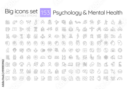 Psychology and mental health line icons big set. Psychotherapy sessions. Studying mind and behavior patterns iconset outline pictograms. Isolated linear vector illustrations. Editable stroke