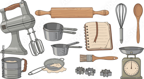 Baking Tools and Kitchen Utensils Vector Illustration Set Featuring Mixer, Rolling Pin, Whisk, Measuring Cups, Scale and Recipe Notebook