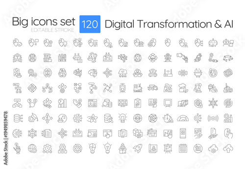 Digital transformation and AI line icons big set. Machine learning. Futuristic technology integration iconset outline pictograms. Isolated linear vector illustrations. Editable stroke