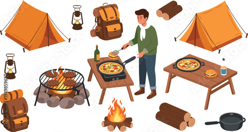 Camping Outdoor Cooking Collection with Tent Campfire BBQ Grill Backpack Lantern and Camper Preparing Food Vector Illustration Set