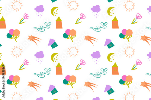 Seamless pattern with colorful sun, moon, rain cloud, wind, tree, flower and shooting star on white background. Bright playful kids weather and nature repeat design.