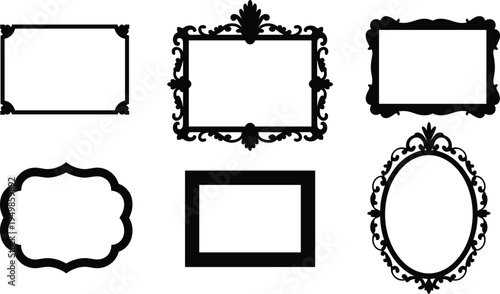 Decorative frame silhouette set, ornate floral scrollwork designs, rectangular oval scalloped borders, vector illustration, black white ornament collection