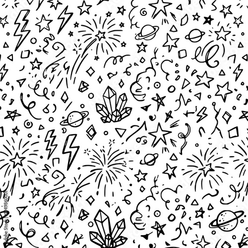 Seamless doodle pattern with stars, fireworks, crystals, and planets, ideal for celebration, space, and festive themed designs.
