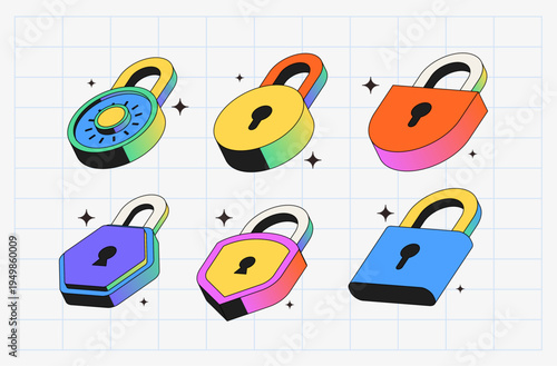 Cyber security and data protection concept with colorful isometric padlock icons set for web design