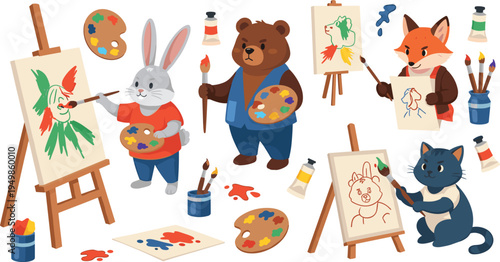 Cute Animal Artist Painting Collection with Rabbit Bear Fox Cat Characters Easel Canvas Paint Brushes Palette Creative Art Studio Vector Illustration Set