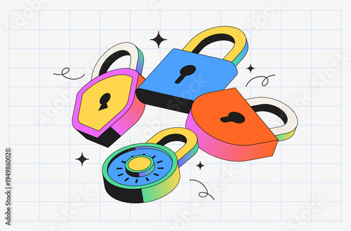 Network safety and privacy protection 3d isometric illustration with secure locks and login symbols