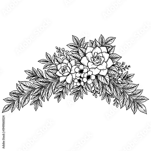 Elegant hand-drawn floral arrangement with flowers and leaves, ideal for wedding, botanical, and decoration themed designs.