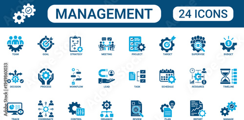 Management Icon Set with Planning, Leadership, Team Coordination, Project Organization, Strategy, Task Management and Goal Achievement Symbols in Dual Tone Style for Business Administration