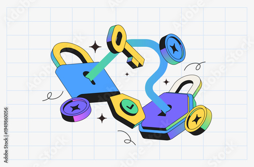 Network safety and privacy protection 3d isometric illustration with secure locks and login symbols