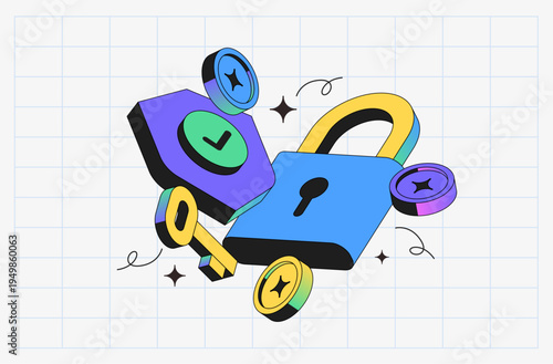 Digital encryption and information safety concept with vibrant isometric padlock elements for business