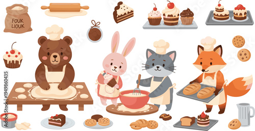 Cute Animal Bakery Cooking Collection with Bear Rabbit Cat Fox Baking Bread Cakes Cookies Pastry Dessert Kitchen Vector Illustration Set