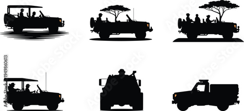 Safari vehicle silhouette set with canopy trucks, off‑road expedition jeep, military armored pickup, wildlife adventure vector illustration design