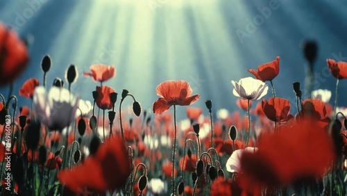 Vibrant field of red and white poppies under sunlit rays.