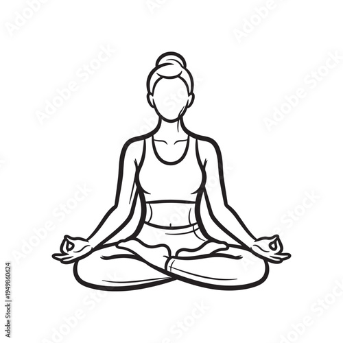 Woman Meditation Lotus Pose Line Art – Yoga Mindfulness and Wellness Minimal Outline Vector Illustration