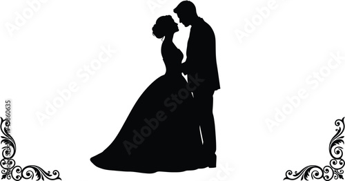 Silhouette of romantic couple kissing in elegant black formal wear with ornate decorative borders in monochromatic lighting for wedding invitation