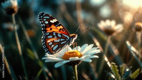 Vibrant butterfly on daisy at sunrise in natural habitat.